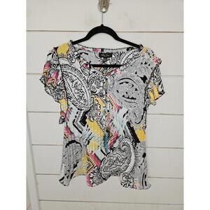 NWT Melissa Paige Petite Large black white & yellow printed crinkled blouse